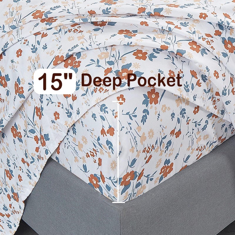 Softan Floral Full Sheet Set, Orange Flower Printed Bed Sheets - 4 Piece Soft Microfiber Patterned Fitted Sheets with 15" Deep Pocket & Non-Slip Straps, Cute Flower Sheets & Pillowcase Set - Image 4